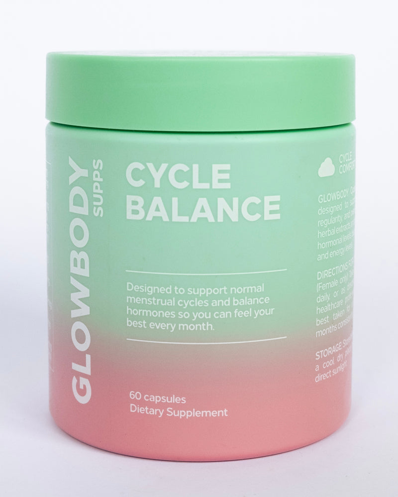 Supplement jar labeled 'Cycle Balance' by Glowbody Supps on a light background