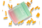Glowbody Supps Cycle Balance Supplement packaging with orange capsules scattered on a white background. Female multi vitamin