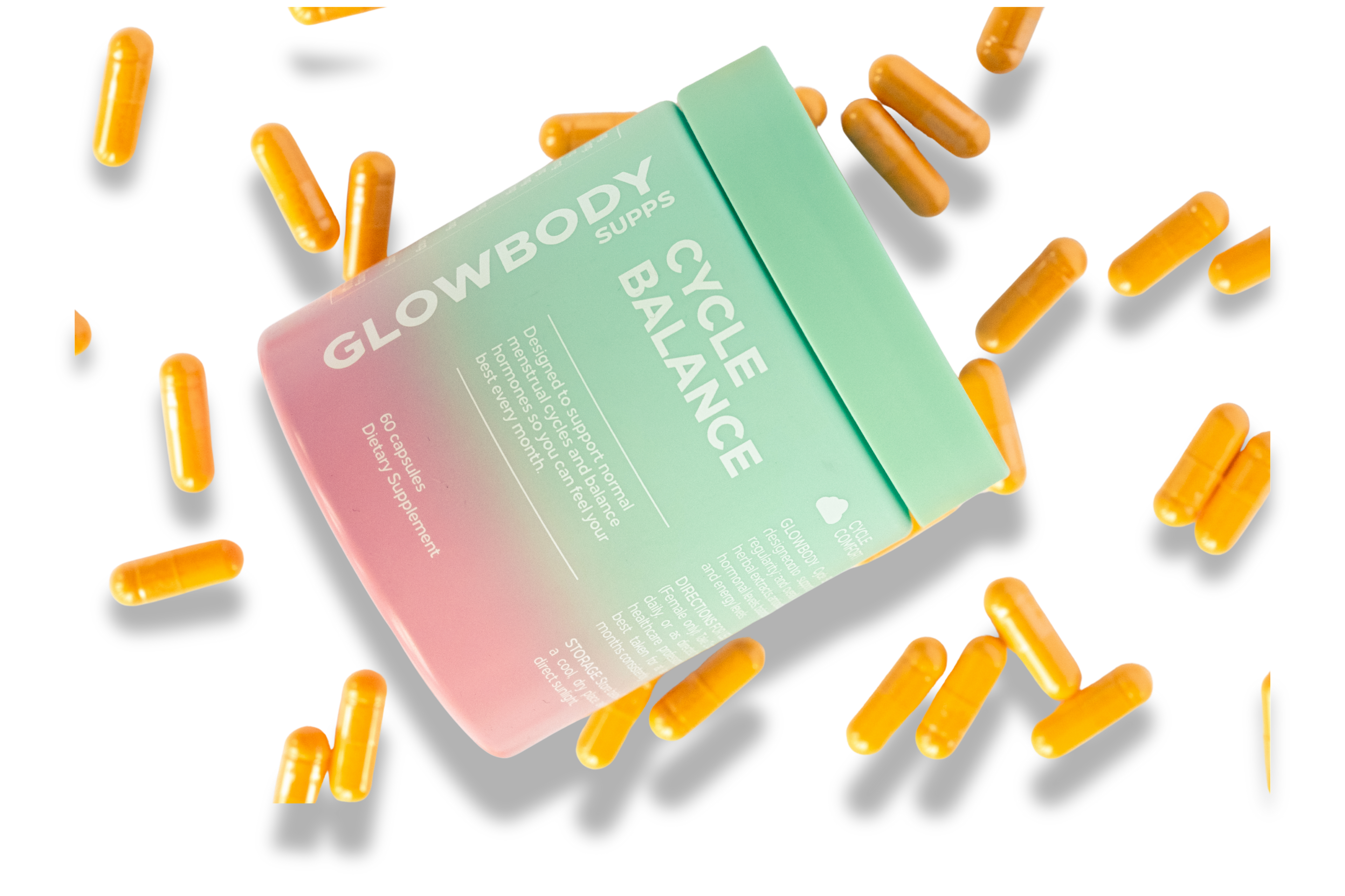 Glowbody Supps Cycle Balance Supplement packaging with orange capsules scattered on a white background. Female multi vitamin