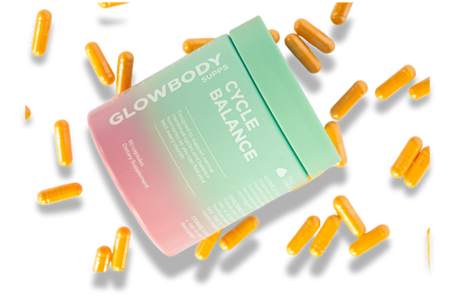 Glowbody Supps Cycle Balance Supplement packaging with orange capsules scattered on a white background. Female multi vitamin