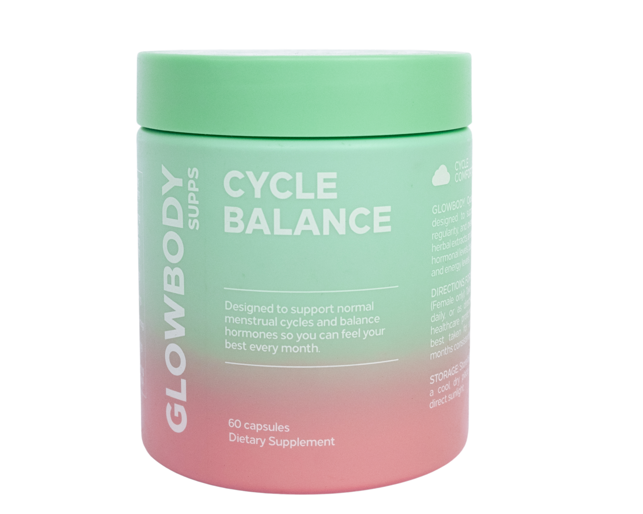 Glowbody Supps Cycle Balance Supplement packaging on a white background. Female multi vitamin