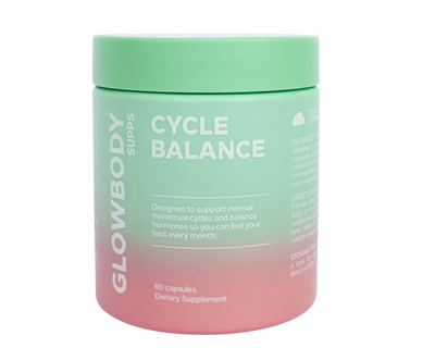 Glowbody Supps Cycle Balance Supplement packaging on a white background. Female multi vitamin
