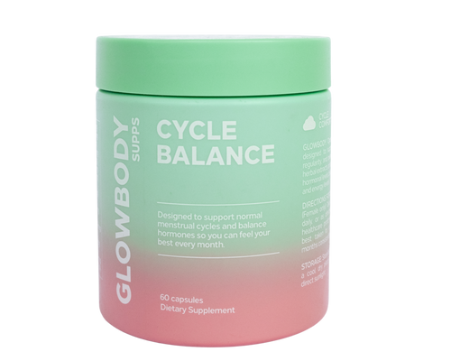 Glowbody Supps Cycle Balance Supplement packaging on a white background. Female multi vitamin