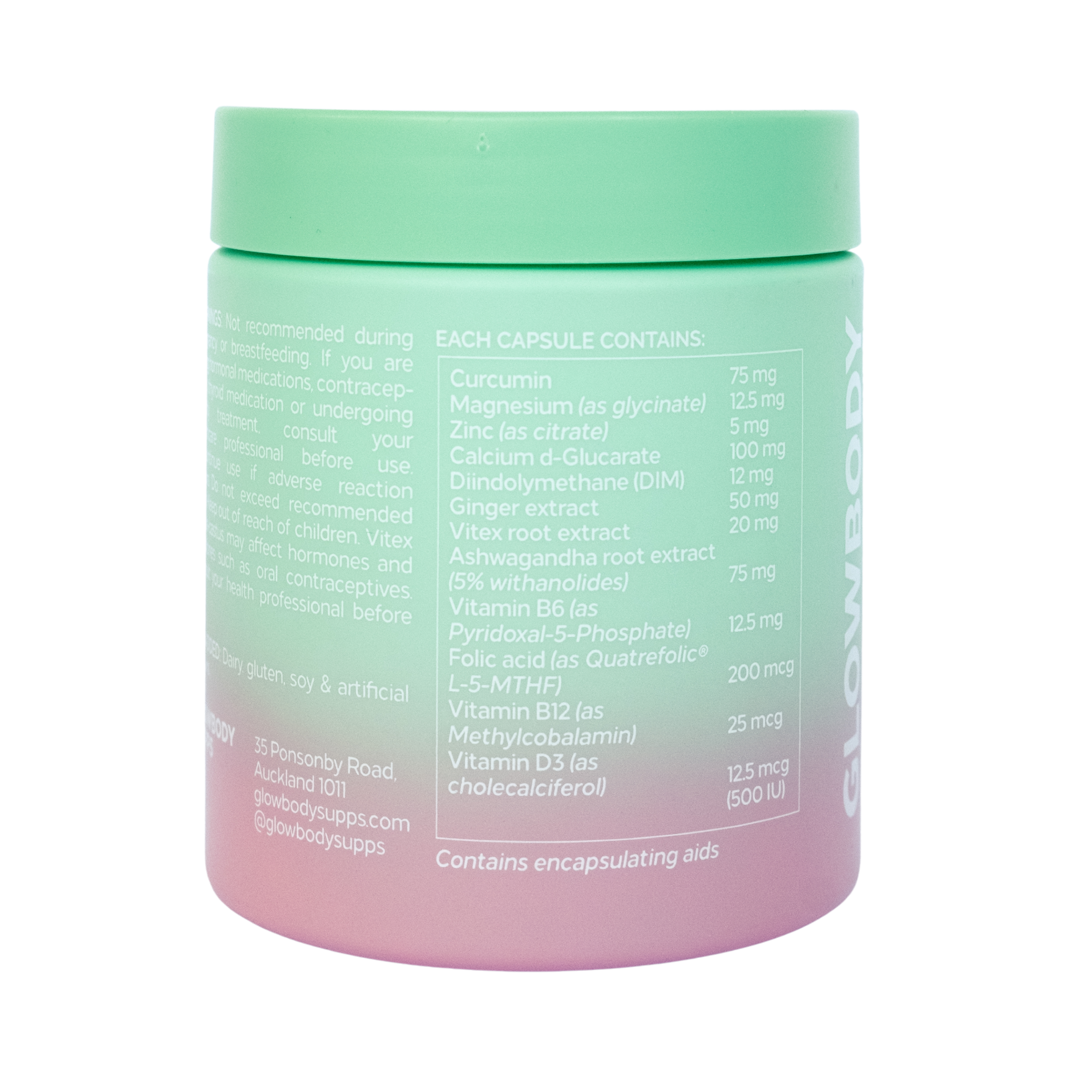 Glowbody Supps Cycle Balance Supplement packaging on a white background. Ingredient panel, Female multi vitamin
