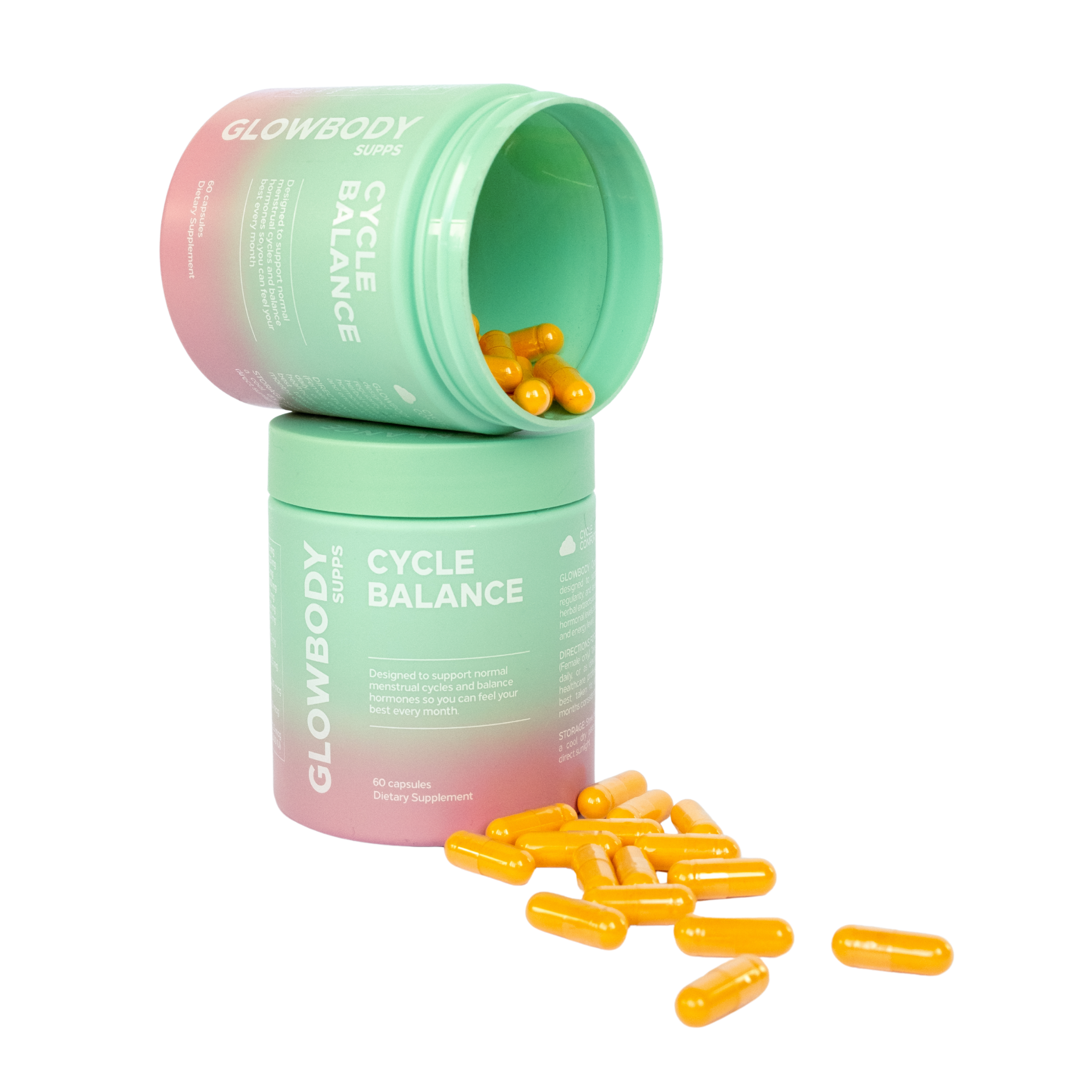 Two containers of Glowbody Supps Cycle Balance supplements with scattered orange capsules on a white background. Female multi vitamin