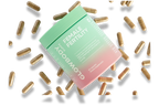 Glowbody Supps Female Fertility Supplement packaging surrounded by brown capsules on a white background. Female multi vitamin