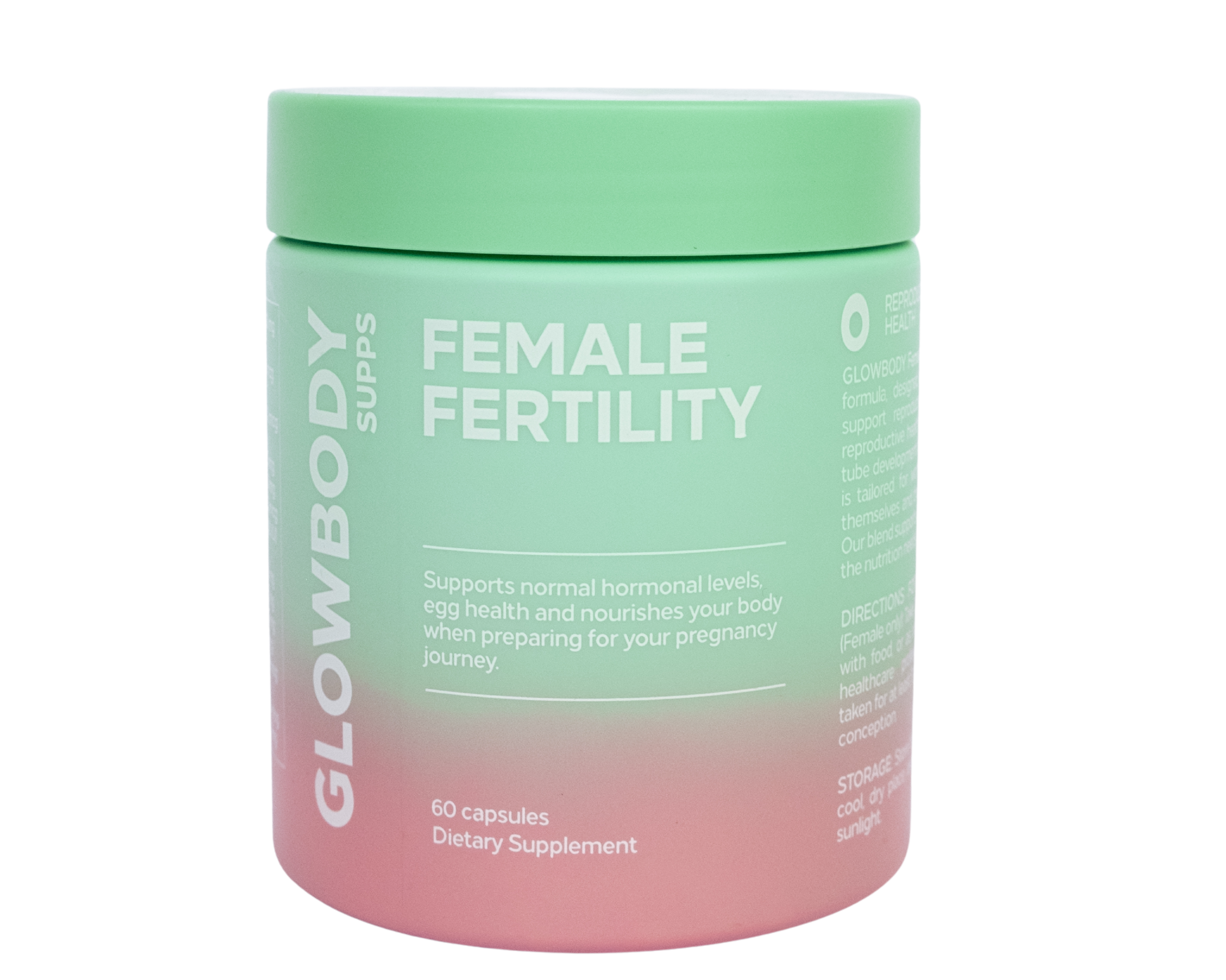 Glowbody Supps Female Fertility Supplement packaging on a white background. Female multi vitamin