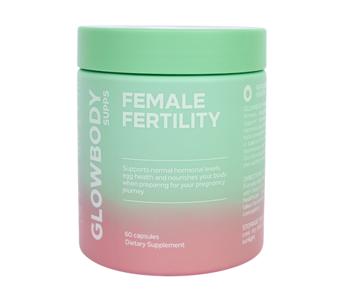 Glowbody Supps Female Fertility Supplement packaging on a white background. Female multi vitamin