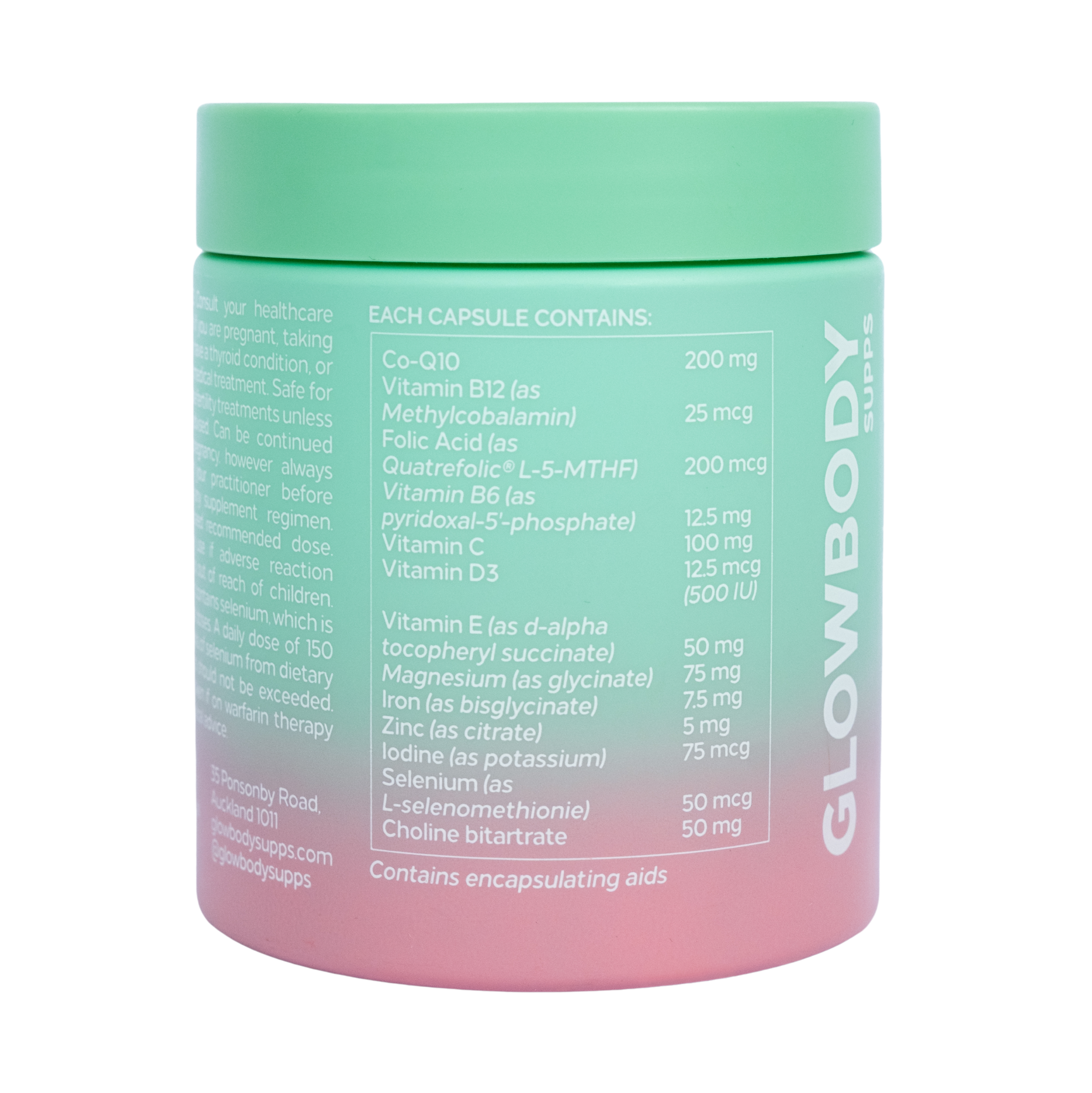 Glowbody Supps Female Fertility Supplement packaging on a white background. Ingredient panel, female multi vitamin