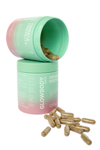 Glowbody Supps Female Fertility Supplement packaging with brown capsules on a white background. Female multi vitamin