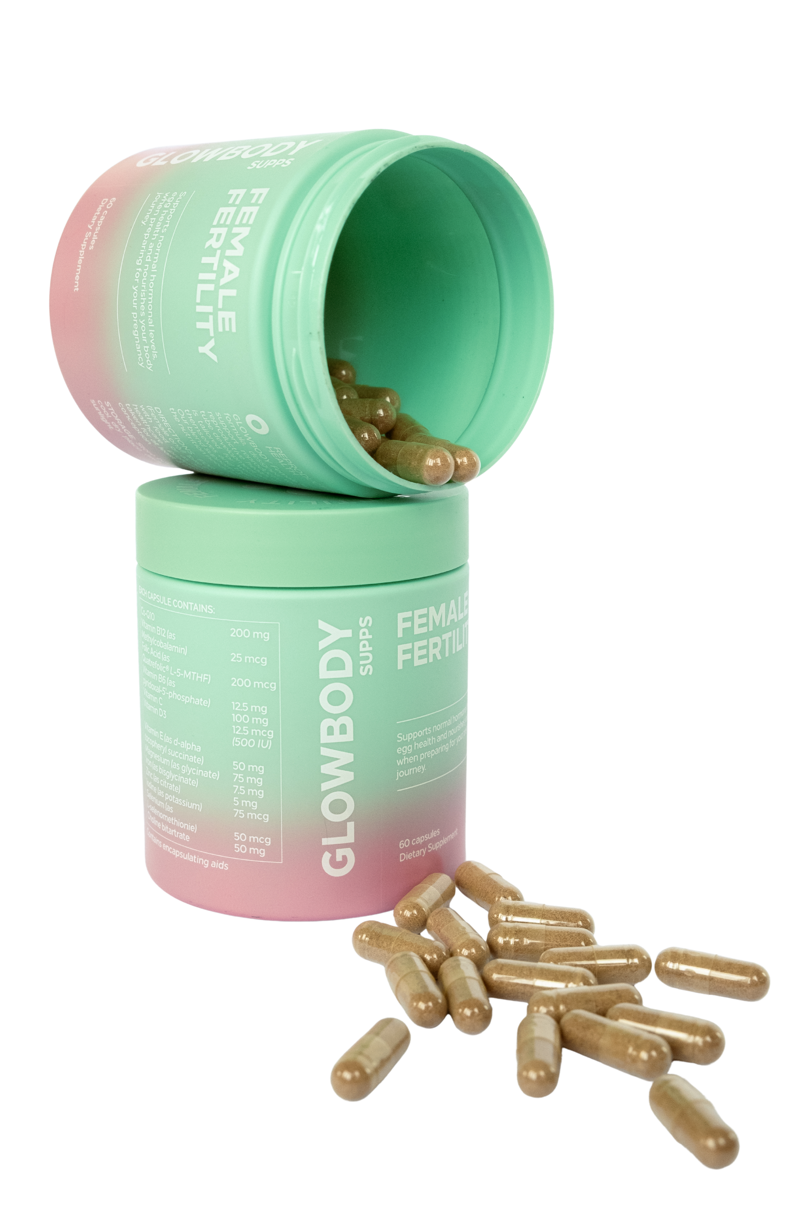 Glowbody Supps Female Fertility Supplement packaging with brown capsules on a white background. Female multi vitamin