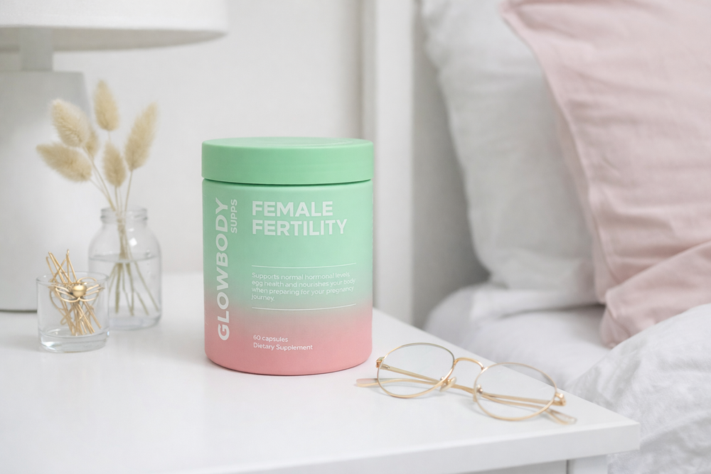 Glowbody Supps preconception supplement on bedside table NZ womens health