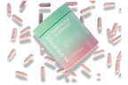 Glowbody Supps Hormone Support Supplement packaging surrounded by pink capsules on a white background. Female multi vitamin