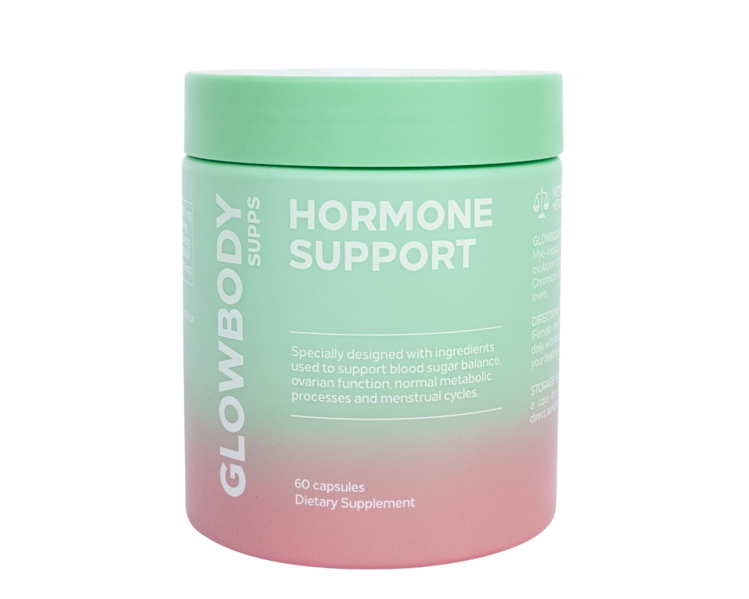 Glowbody Supps Hormone Support Supplement packaging on a white background. Female multi vitamin