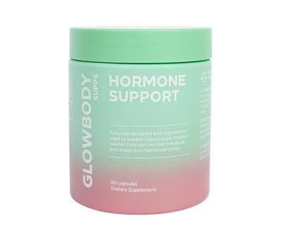 Glowbody Supps Hormone Support Supplement packaging on a white background. Female multi vitamin