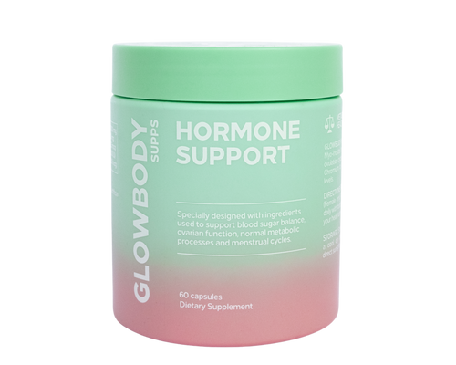 Glowbody Supps Hormone Support Supplement packaging on a white background. Female multi vitamin