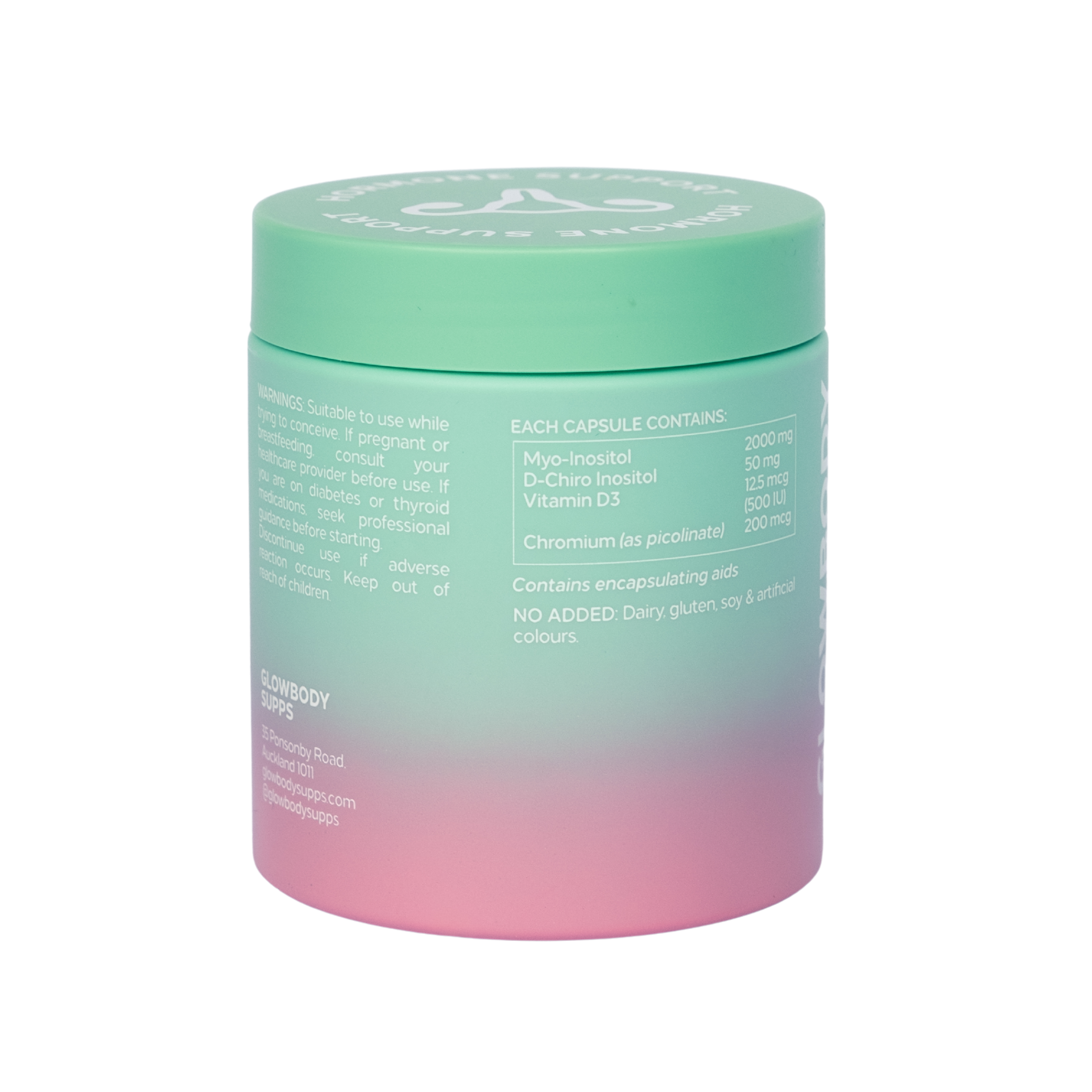 Glowbody Supps Hormone Support Supplement packaging on a white background. Ingredient panel, female multi vitamin