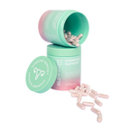 Glowbody Supps Hormone Support Supplement packaging on a white background with pink capsules. Female multi vitamin