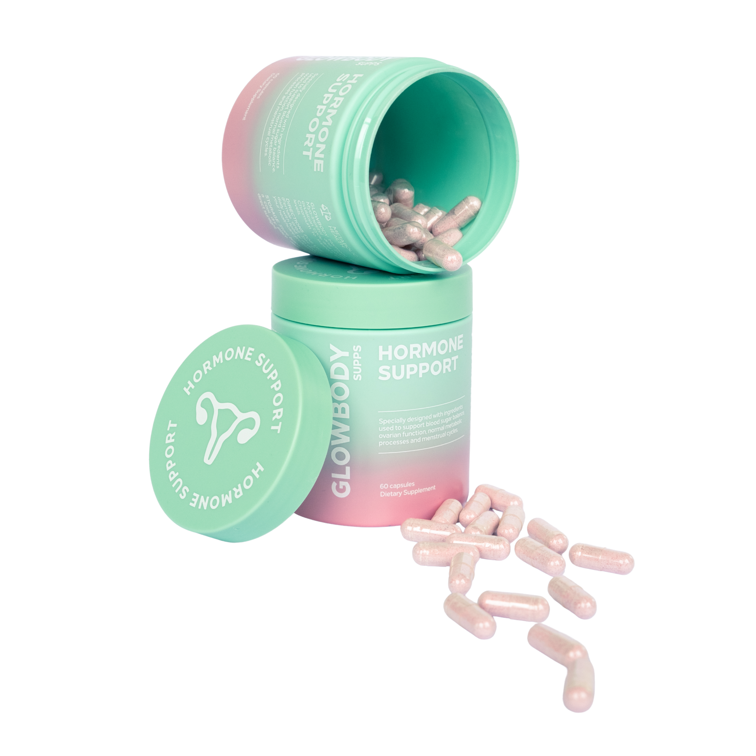 Glowbody Supps Hormone Support Supplement packaging on a white background with pink capsules. Female multi vitamin