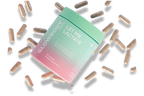 Glowbody Supps Let Me Lactate Supplement packaging surrounded by brown capsules on a white background. Female multi vitamin. Lactation Supplement