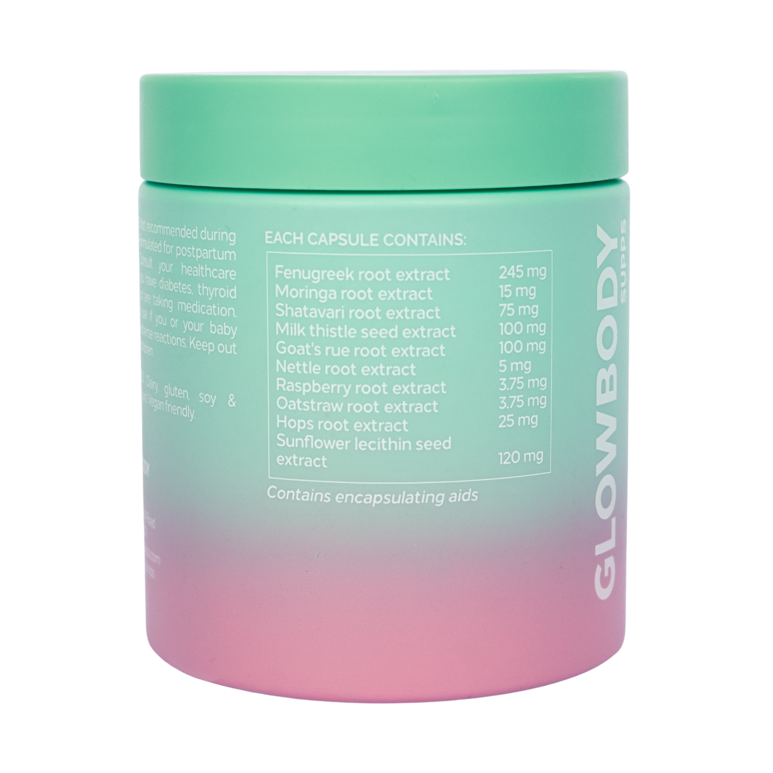 Glowbody Supps Let Me Lactate Supplement packaging on a white background. Ingredient panel. Female multi vitamin. Lactation Supplement