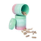 Two Glowbody Supps Let Me Lactate Supplement containers on a white background with brown capsules. Female multi vitamin. Lactation Supplement