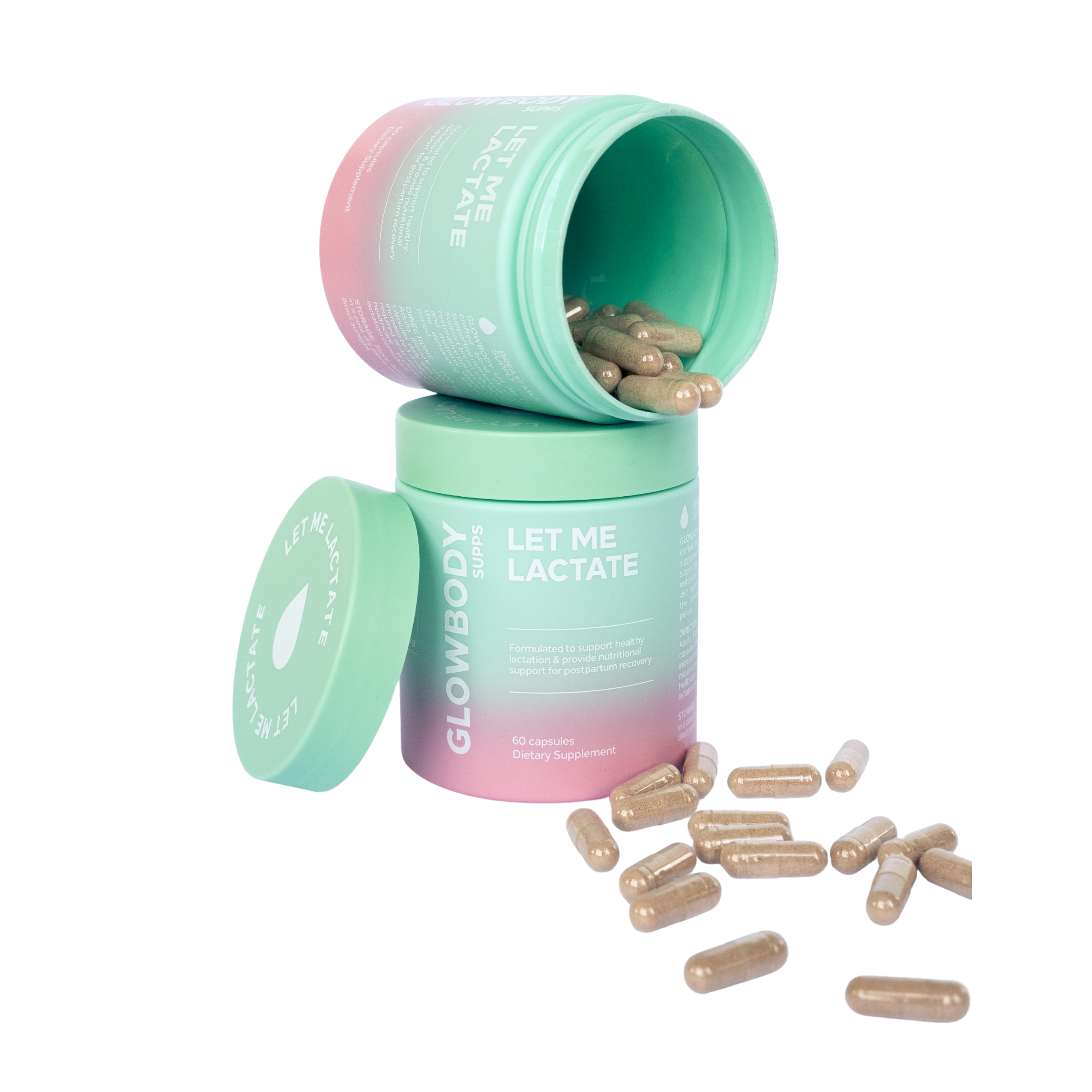 Two Glowbody Supps Let Me Lactate Supplement containers on a white background with brown capsules. Female multi vitamin. Lactation Supplement