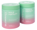 Two multivitamin supplement containers labeled 'Male Fertility' and 'Female Fertility' by Glowbody Supps on a white background.