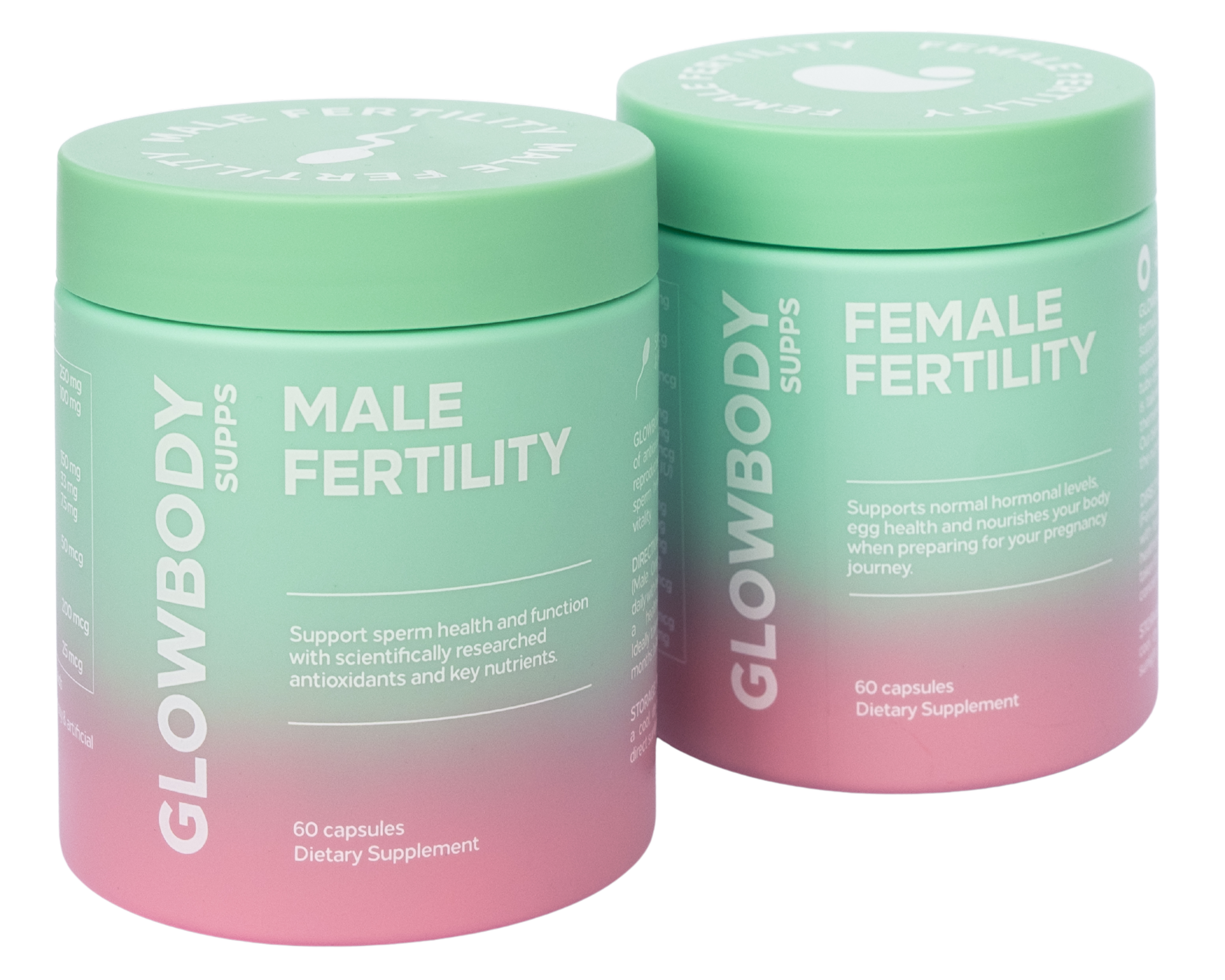 Two multivitamin supplement containers labeled 'Male Fertility' and 'Female Fertility' by Glowbody Supps on a white background.
