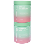 Two multivitamin supplement containers labeled 'Male Fertility' and 'Female Fertility' by Glowbody Supps on a white background.
