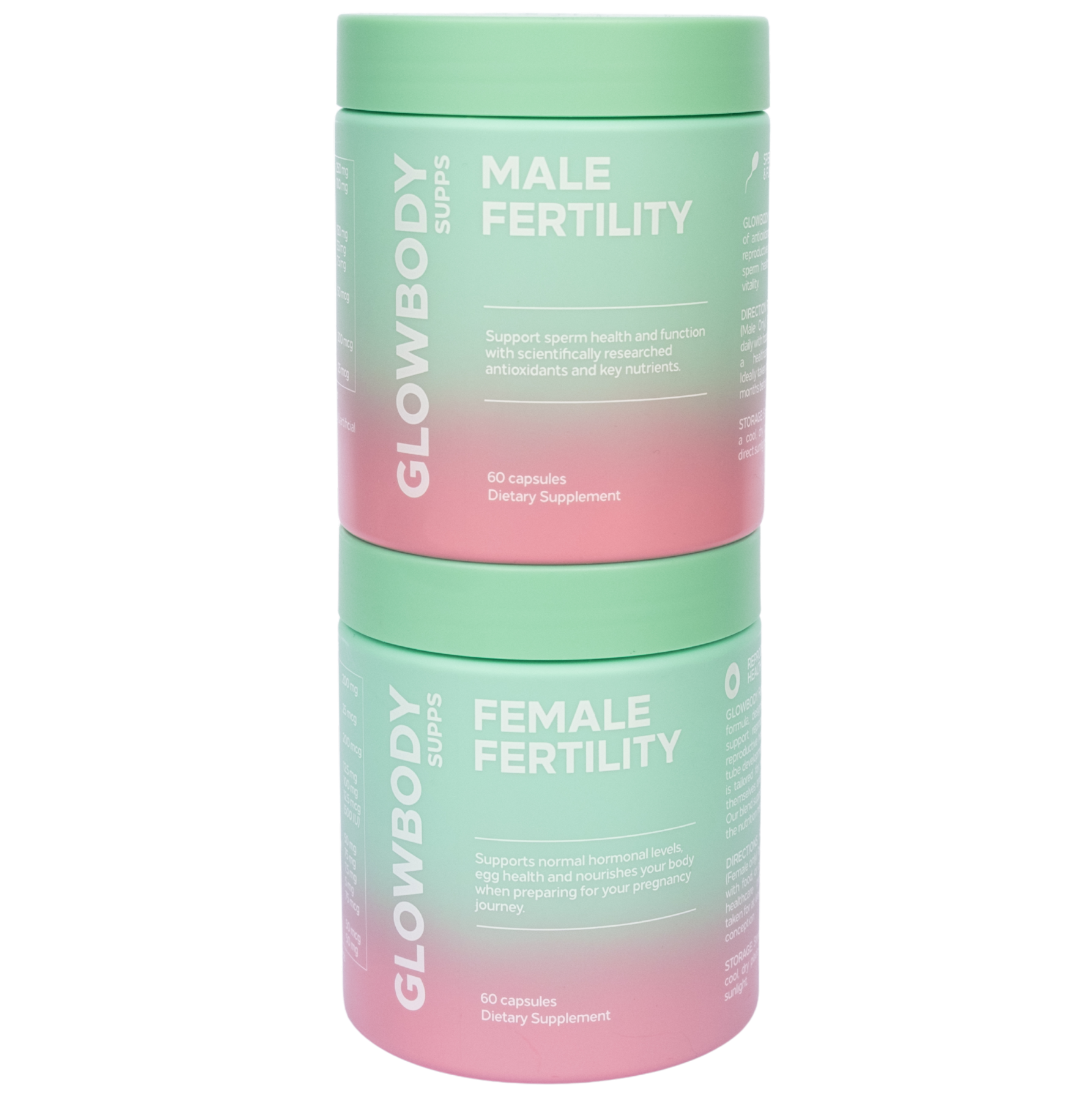 Two multivitamin supplement containers labeled 'Male Fertility' and 'Female Fertility' by Glowbody Supps on a white background.