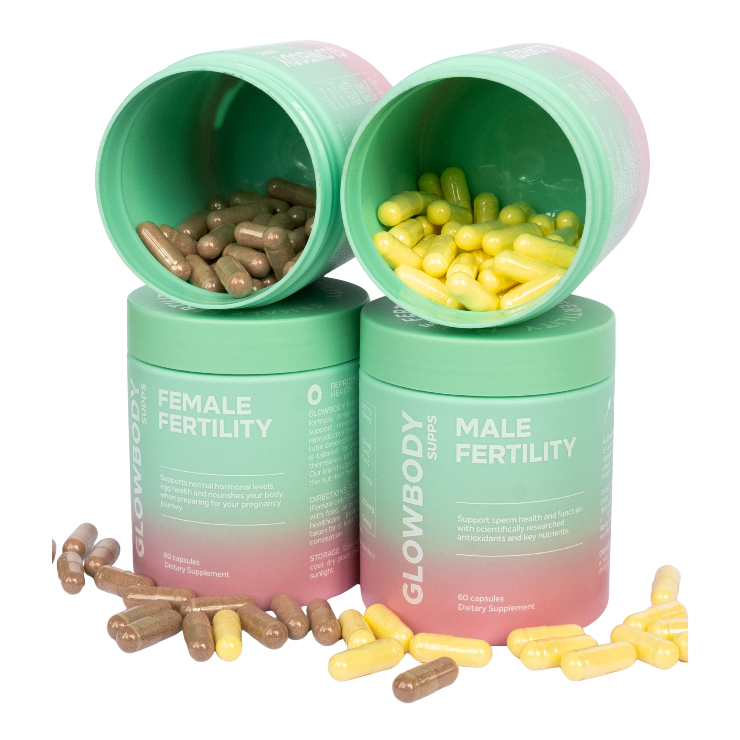 Two multivitamin supplement containers labeled 'Male Fertility' and 'Female Fertility' by Glowbody Supps with their respective capsules on a white background.