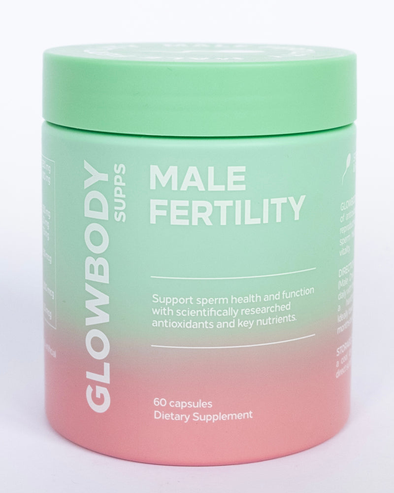 Supplement jar labeled 'Male Fertility' by Glowbody Supps on a light background