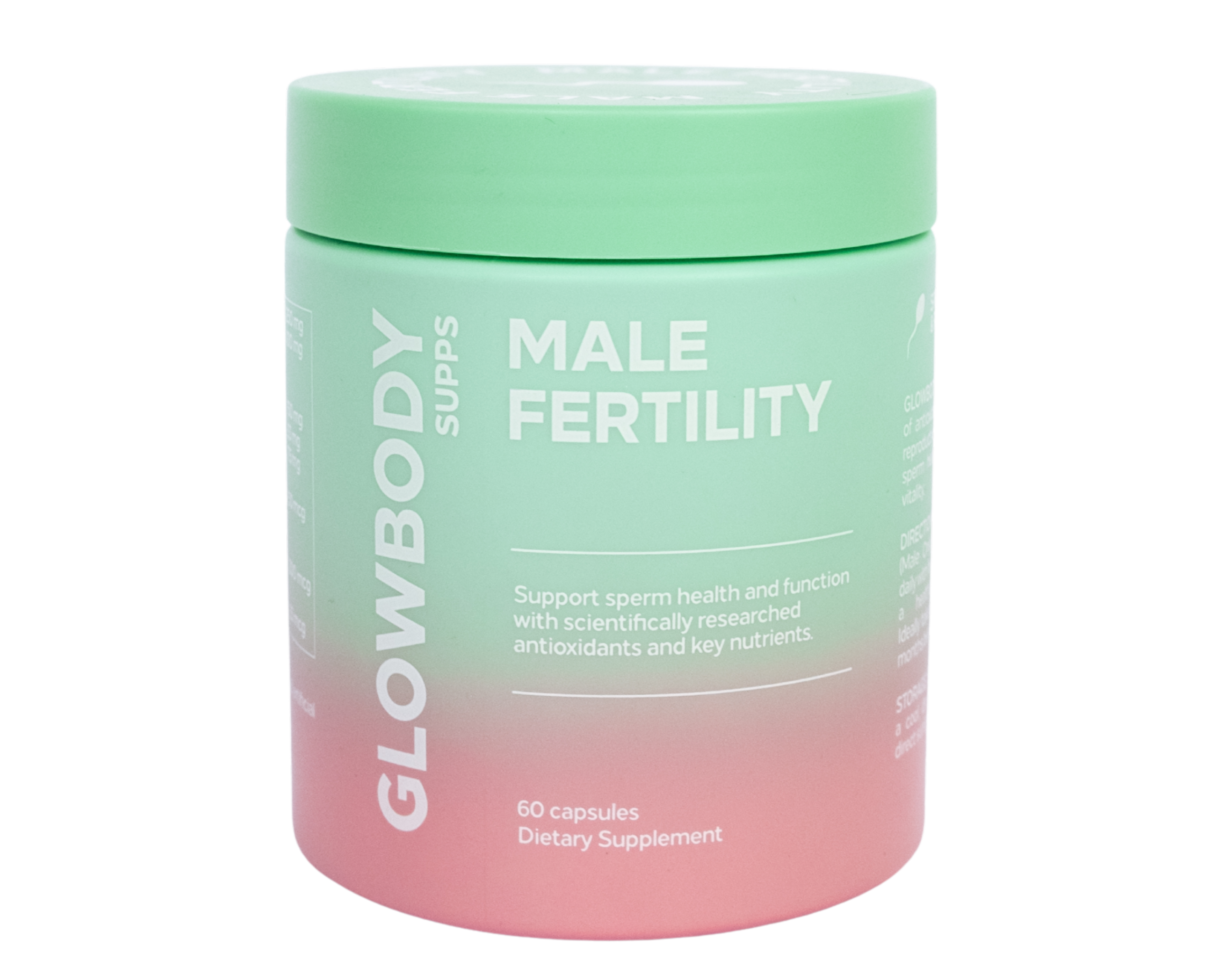 Glowbody Supps Supplement container labeled 'Male Fertility' on a white background. Male multi vitamin