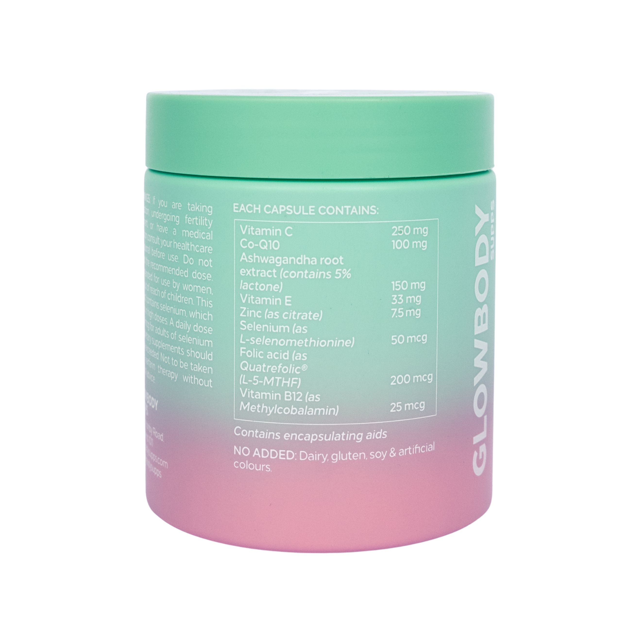 Glowbody Supps Male Fertility Supplement product container with gradient green to pink design on a white background. Ingredient panel, Male multi vitamin