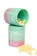 Glowbody Supps Male Fertility supplement container with yellow capsules on a white background. Male multi vitamin