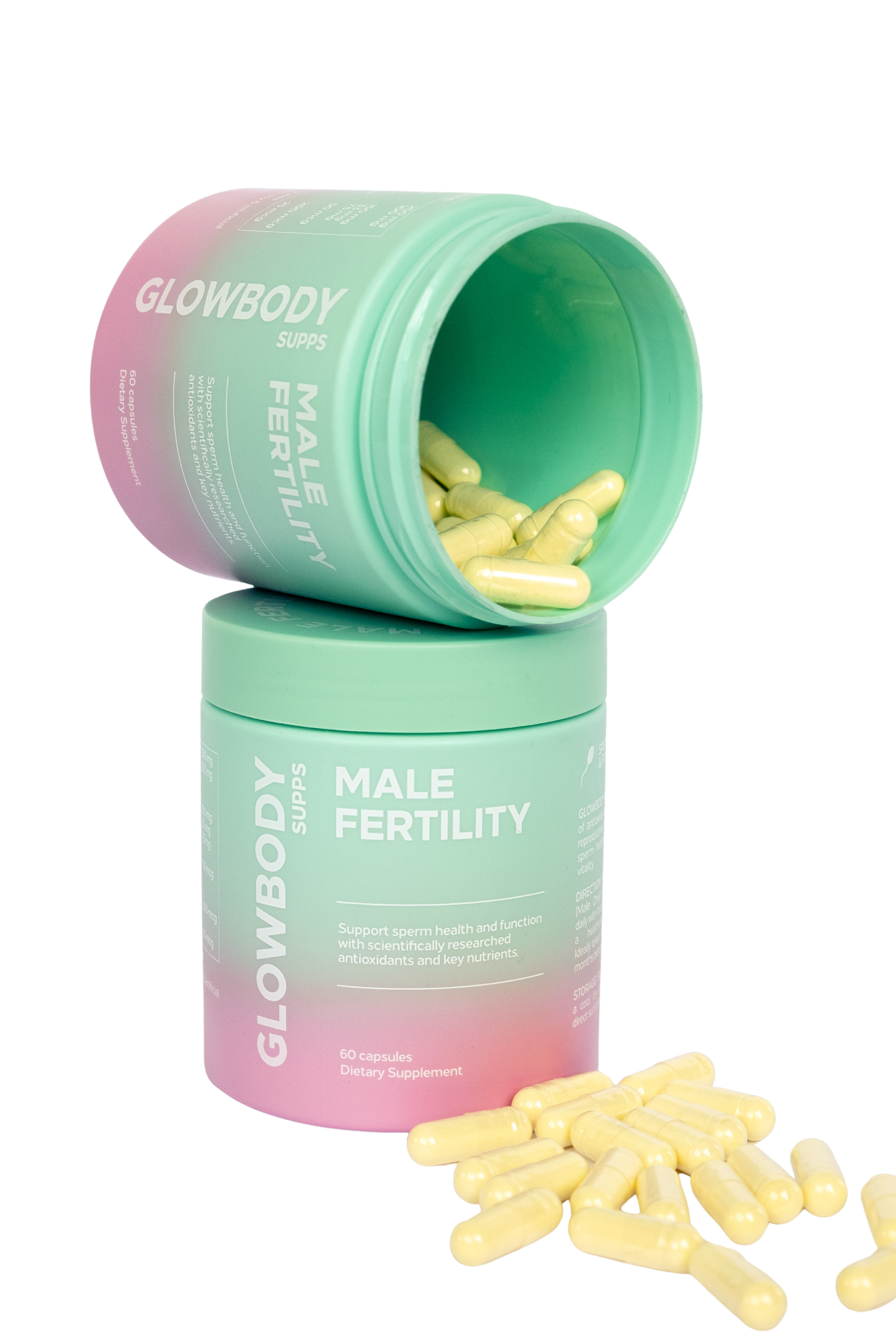 Glowbody Supps Male Fertility supplement container with yellow capsules on a white background. Male multi vitamin