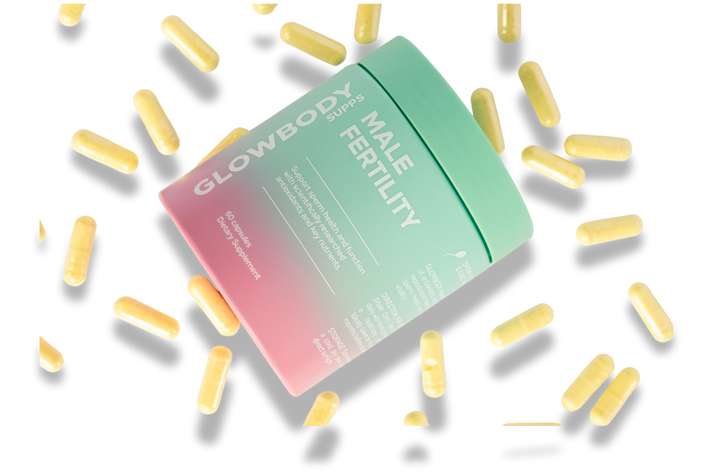 Glowbody Supps Male Fertility Supplement packaging with yellow capsules on a white background. Male multi vitamin