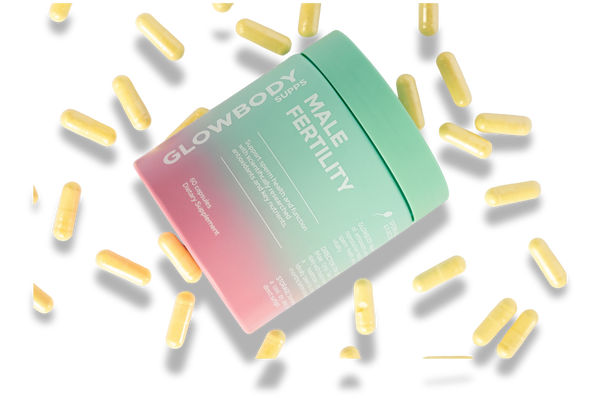Glowbody Supps Male Fertility Supplement packaging with yellow capsules on a white background. Male multi vitamin
