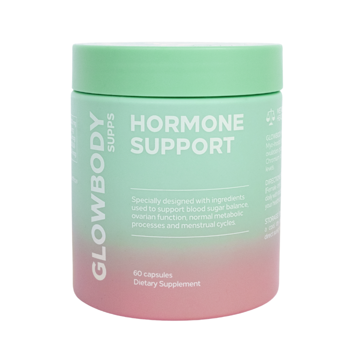 Supplement jar labeled 'Glowbody Supps Hormone Support' on a white background