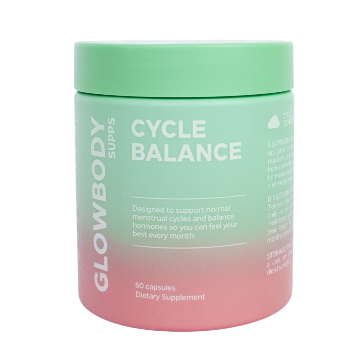 Supplement jar labeled 'Cycle Balance' by Glowbody Supps on a white background