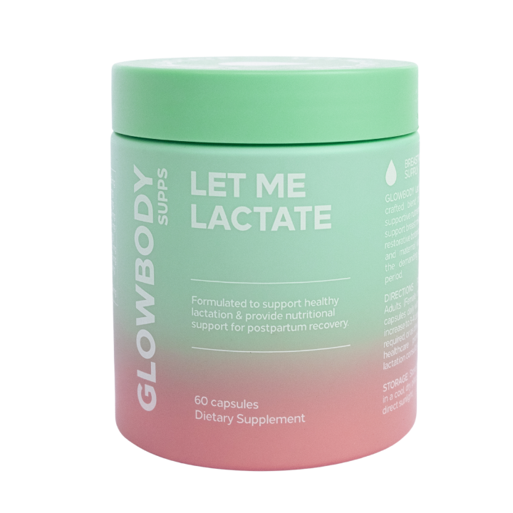 Supplement container labeled 'Let Me Lactate' by Glowbody Supps on a white background