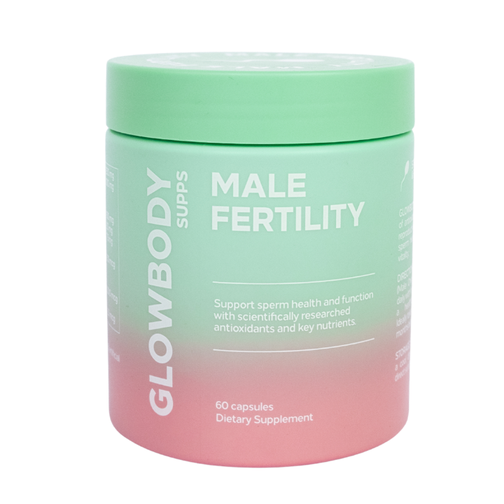 Glowbody Supps Supplement container for male fertility with gradient design on a white background