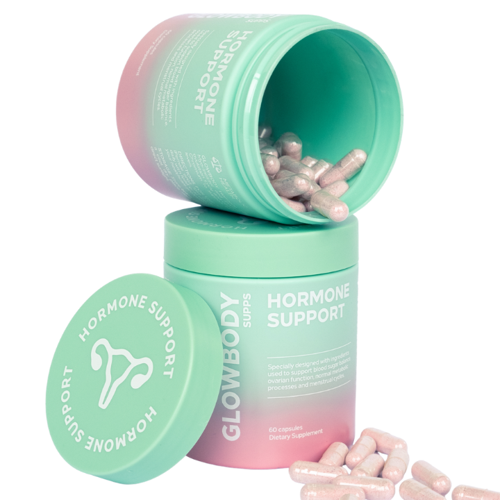 Glowbody Hormone Support supplement container with capsules on a white background