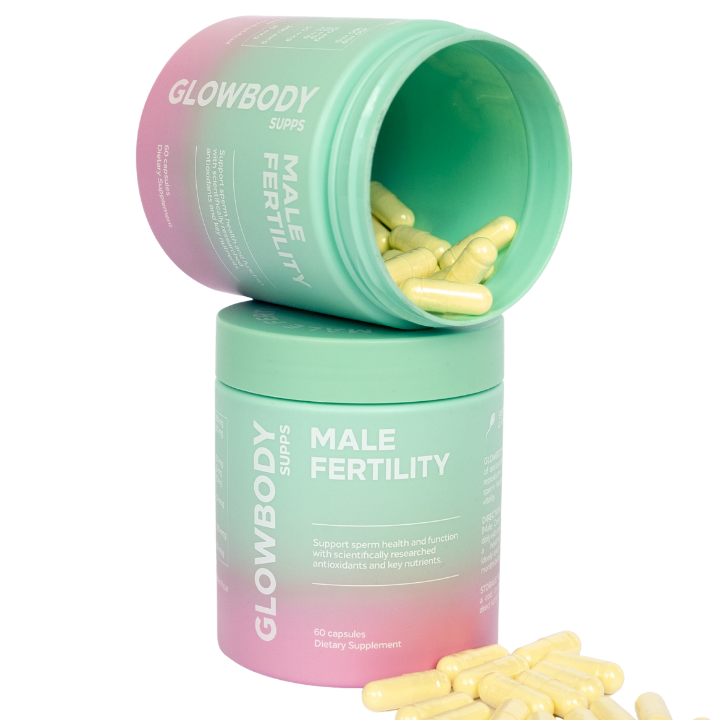 Glowbody Supps male fertility supplement container with capsules on a white background