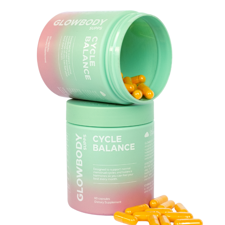 Glowbody Cycle Balance supplement container with capsules on a white background