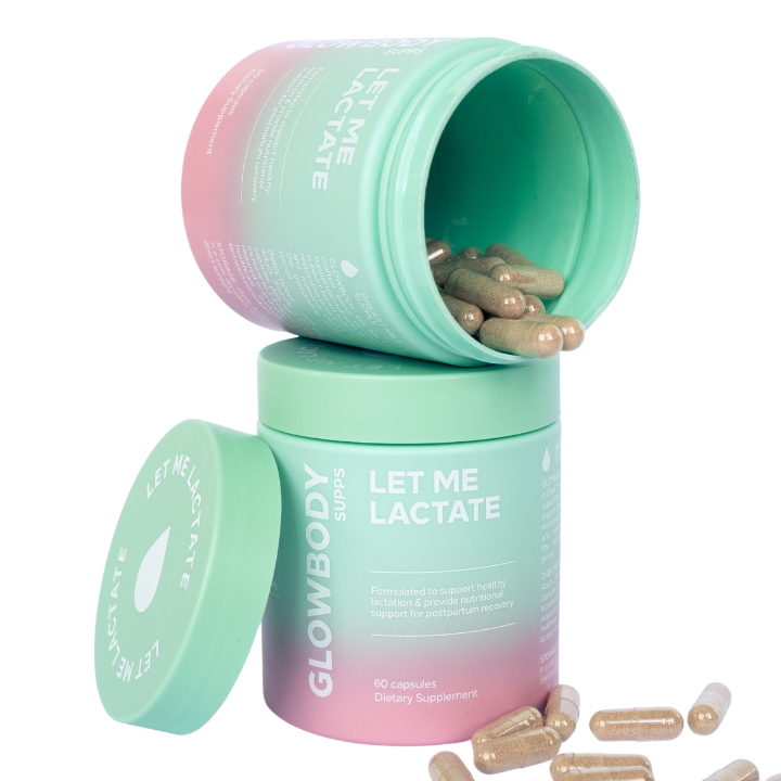 Glowbody Supps 'Let Me Lactate' dietary supplements in an open container on a white background surrounded by some capsules